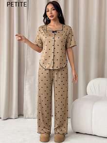 Women's Pajama Set. Heart Print Short Sleeve And Long Pants Casual Set. 2 Pieces Petite Women's Pajama Set, Spring/Summer Clothing. - Champagne - View 5