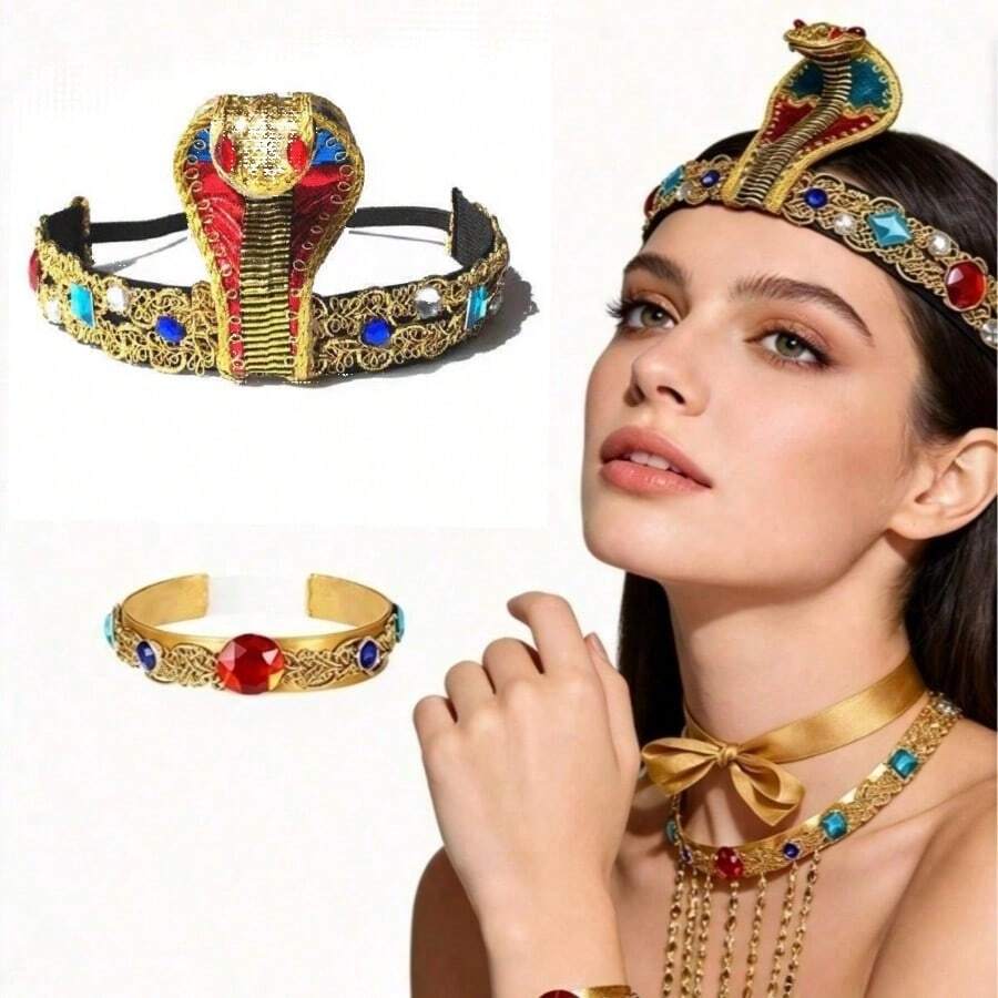 2pcs Gold Rhinestone Snake Head Cleopatra Costume Accessories, Snake Head Hair Accessory + Beaded Headband, Suitable For Carnival Party Performance, Halloween - Gold - View 1