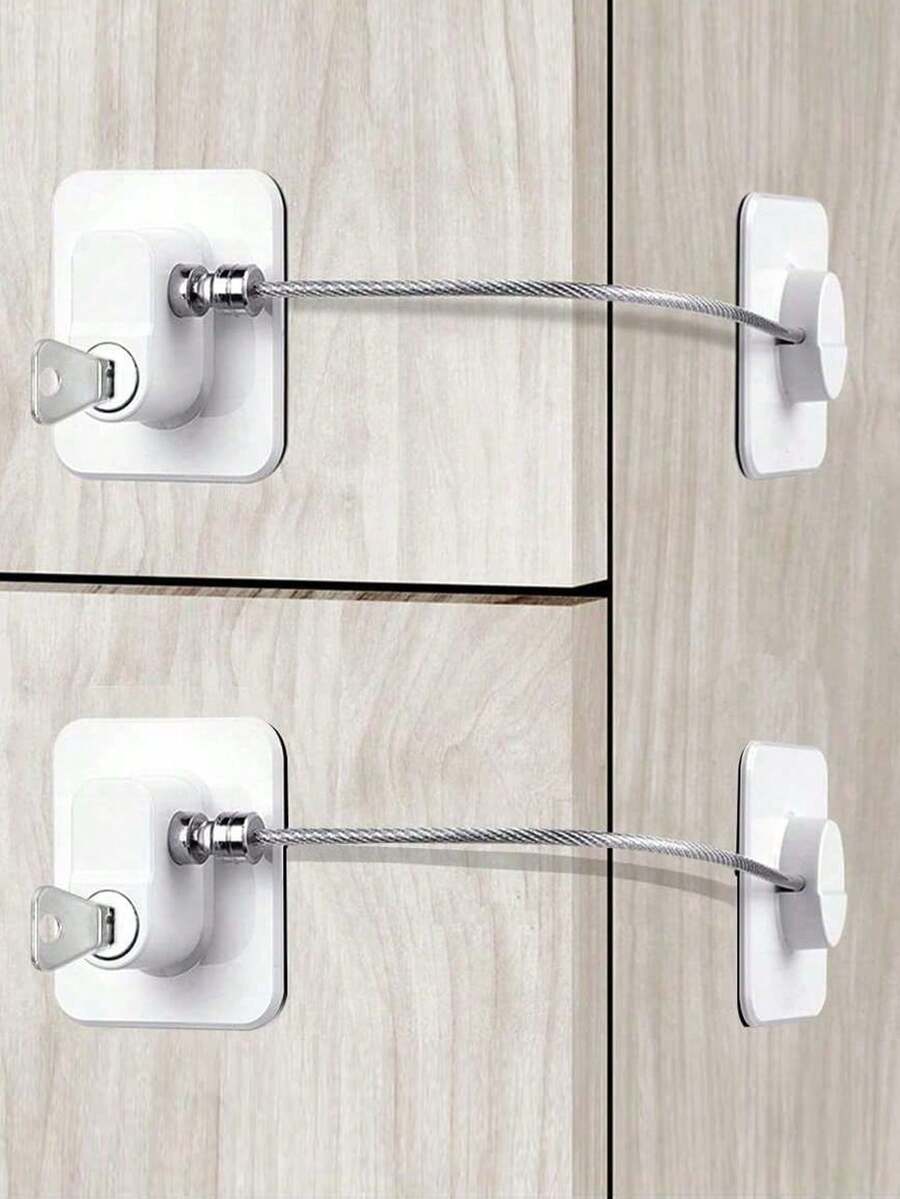 1pc Refrigerator Door Lock, Stainless Steel Zinc Alloy Material, Adhesive Lock, 16cm Connecting Cable Cabinet Drawer Lock, Refrigerator Lock, No Drilling Required. Adhesive Child Safety Window Lock - White - View 1