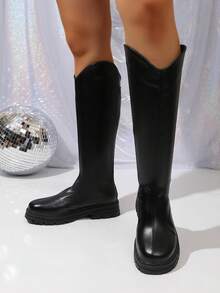 Classic Black Mid-Calf Boots, Fashionable Calf Boots, Comfortable Versatile, Suitable For Daily Wear And Outings - Black - View 5