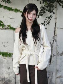 Áo len chui đầu dệt kim nữ tay dài hở vai, thắt eo, buộc dây, thiết kế Thu/Đông - Màu be - Xem 3