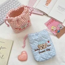 1Pc Cartoon Embroidery Decor Gingham Quilted Drawstring Makeup Bag,Multifunctional Drawstring Bag,Carry On Miscellaneous Bag,Travel Cosmetic Bag - Multicolor - View 7