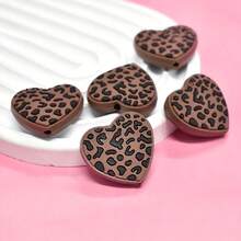 10pcs, Plastic, Brown Leopard Print Heart-Shaped Focal Beads, Loose Spacing Decoration, Suitable For Diy Production, No Pen - Multicolor - View 3