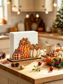 1pc Wooden Napkin Holder, Autumn Pumpkin & Maple Leaf 3D Decorative Design, Vertical Paper Towel Storage Base, Suitable For Dining Table Napkins, Restaurant Tabletop Display, Autumn Table Setting, Thanksgiving Table Decor, Autumn Home Soft Furnishing, Desktop Decorative Ornament, Holiday Table Storage Supplies - Multicolor - View 2