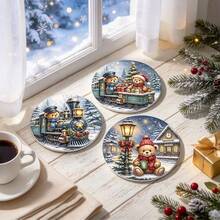 6pcs Christmas Vintage Teddy Bear Train Round Coasters, Winter Snow Scene Printed Wooden Non-Slip Heat-Resistant Coasters, Christmas Atmosphere Desktop Decoration, Desktop Heat-Resistant Mat Holiday Gift - Wooden Coaster LDX2977 - View 4
