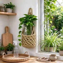 1pc Bohemian Style Woven Hanging Planter Basket, Woven Wall Hanging Fruit And Vegetable Storage Basket, Small 4-Inch Flower Pot Pocket Storage Rack, Decorative Cotton Rope Mesh Hanging Rack, Suitable For Home Living Room Bedroom Entryway Kitchen Wall Decor, Multi-Functional - Wall-mounted Plant Basket - View 2