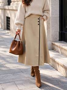DONICY Women's Elegant Autumn High Waist Knit Midi Skirt, Side Button Contrast Trim A-Line Fishtail Skirt - Apricot - View 7