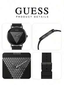Guess Men's Bold Urban Quartz Watch Gunmetal Round Case Solid‑Black Dial Rivet‑Dot Triangle Logo Matte‑Black Silicone Strap Street‑Casual Fashion Watch - Black - View 6