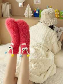 1 Pair Cute Monster Plush Socks, Women's Fluffy Warm Mid-Calf Socks, Fun 3D Eyeball & Antler Design, Soft Comfortable Winter Sleep Socks, Hand Washable, Cold Weather Home Warm Socks, Couple Gift Accessory - Multiple Styles - View 4