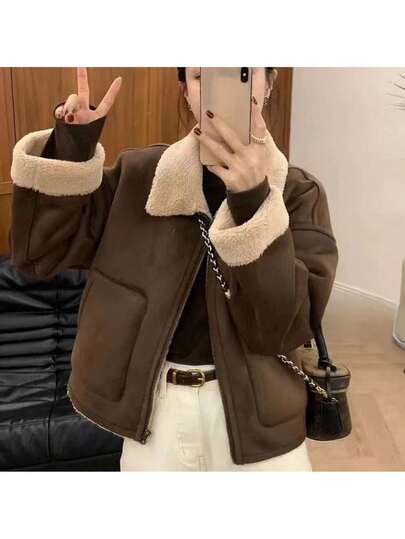 Women's Autumn/Winter Clothing Vintage Contrast Fleece Collar Zip Up Jacket Casual Loose Warm Coat