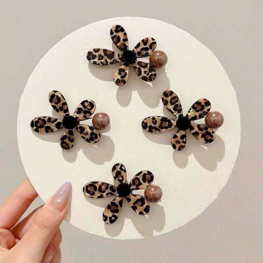 4 buah Jepit Rambut Motif Leopard Cokelat Baru dengan Hiasan Manik-manik dan Bunga, Jepit Rambut Samping Tanpa Sambungan & Jepit Rambut Lepas - cokelat - View 1