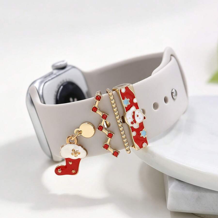 4pcs Christmas Theme Watch Band Decorative Studs Cute Santa Claus Snowflake Metal Accessories Suitable For All 22MM Watch Bands DIY Decoration Buckle - Gold - View 1