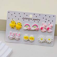 6 Pairs Unicorn/Rainbow/Mermaid/Dolphin Painless Clip-On Earrings, Cute Cartoon Resin Jewelry Accessories, Daily Wear, Best Gift For Girls - A - View 11