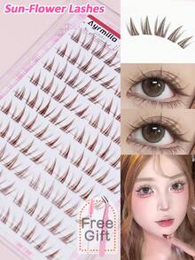 Brown Sunflower Pre-Glued Cluster Lashes No Glue Needed Self Adhesive Individual False Eyelashes Natural Wispy DIY Eyelash Extensions Reusable Segmented Lashes For Daily Makeup - C - View 1