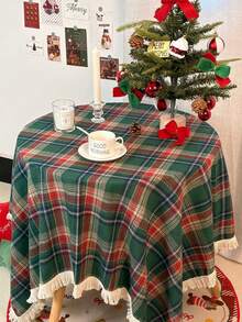 Green And Red Plaid Lace Tablecloth, Classic Nordic Style Christmas Table Decor Cloth, Suitable For Christmas, Christmas Eve Party, Can Decorate Dining Table, Coffee Table - Green Red - View 2
