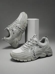 Light Gray Mesh Patchwork Men's Chunky Sneakers With Letter Webbing Decor, Thick Platform Sole, Retro Casual Lace-Up Everyday Wear Shoes - Light Gray - View 9