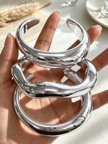 3件/1件裝復古誇張華麗女款銀色圓形波浪CCB開口手鐲套組，適合日常穿著、派對、度假、約會、婚禮、節慶，可疊戴，送禮首選 - 銀色 - 查看 5