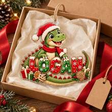 2D Flat Acrylic Christmas Ornament, Cartoon Dinosaur Wearing Christmas Hat With Customized Name Pendant, Christmas Tree Holiday Decoration - B - View 3