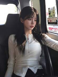 Women's Spring/Autumn Tie-Up Layered Long Sleeve Fitted T-Shirt - Off-white - View 5