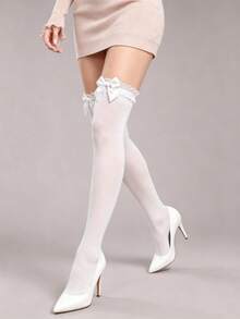 Women's White Knee-High Socks, Lace Trim Top, Large Bow Decor, Soft Elastic Fit, Suitable For Matching With Skirts - White - View 4