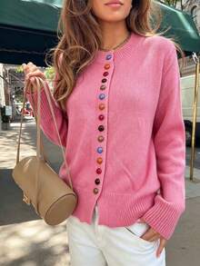 Plus Size Women's Solid Color Single-Breasted Casual Versatile Everyday Cardigan - Hot Pink - View 6