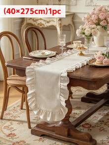 1pc French Style Vintage Beige Ruffle Edge Table Runner, Suitable For Living Room, Dining Room, Holiday Party, Family Gathering, Wedding Banquet, Birthday Table Decoration - Beige - View 10