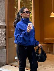 Jaket Pendek Wanita Musim Gugur Kerah Tegak Kancing Depan, Hem Tali Serut, Lengan Panjang Berkerut, Pakaian Luar Kasual Warna Polos - Biru - View 6