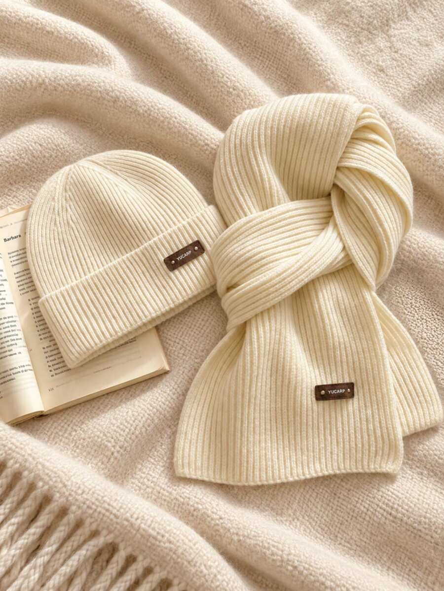 2pcs Women's Winter Knit Beanie Hat And Scarf Set, Warm Ribbed Cuffed Cap With Matching Long Scarf, Cozy Cold Weather Accessories For Daily Wear - Multicolor - View 1