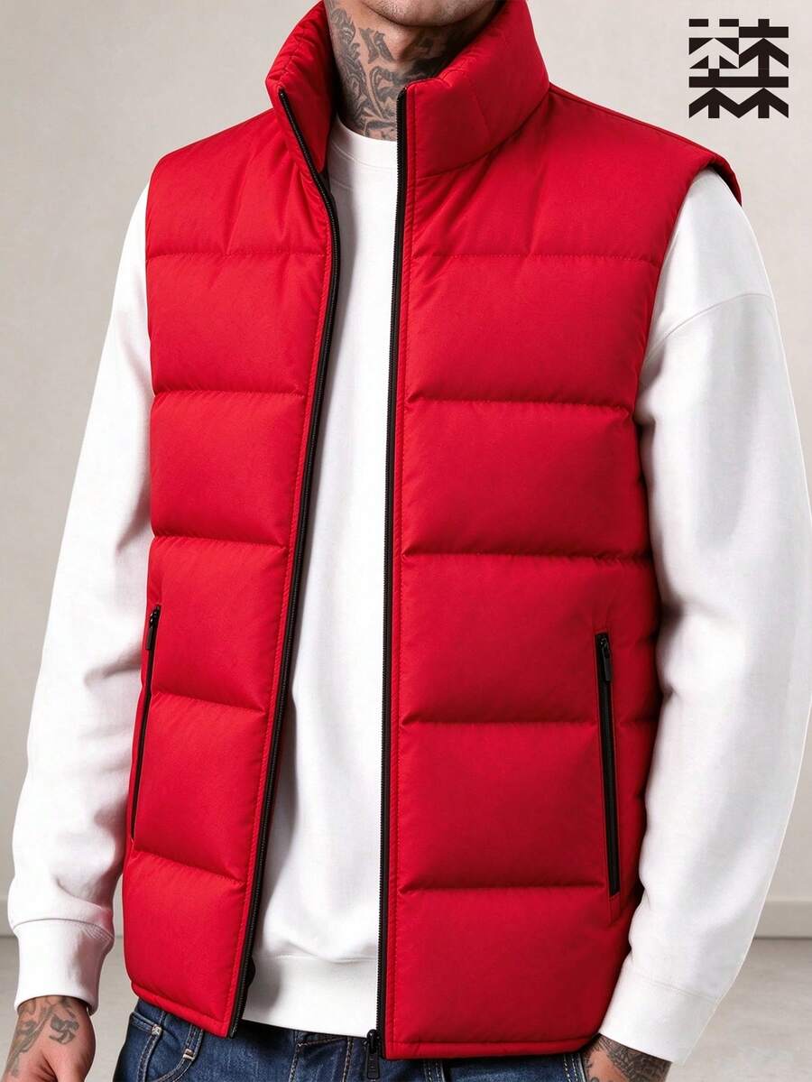 mulinsen Men's Minimalist Stand Collar Vest, Multi-Functional Sleeveless Zipper Pocket Design, Winter Daily Wear Layering - Red - View 1