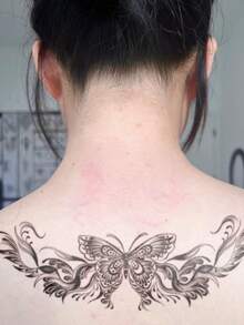 1pc Black Ins Style Gentle Floral Vine Butterfly Pattern Party Gift DIY Holiday Gift Music Festival Temporary Waterproof Tattoo Sticker For Shoulder Neck Collarbone Back - Black - View 2