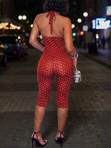DOUCIU Polka Dot Print Halter Neck Backless Sexy Fitted 7/10 Length Jumpsuit Party Nightclub Outfit - Red - View 3