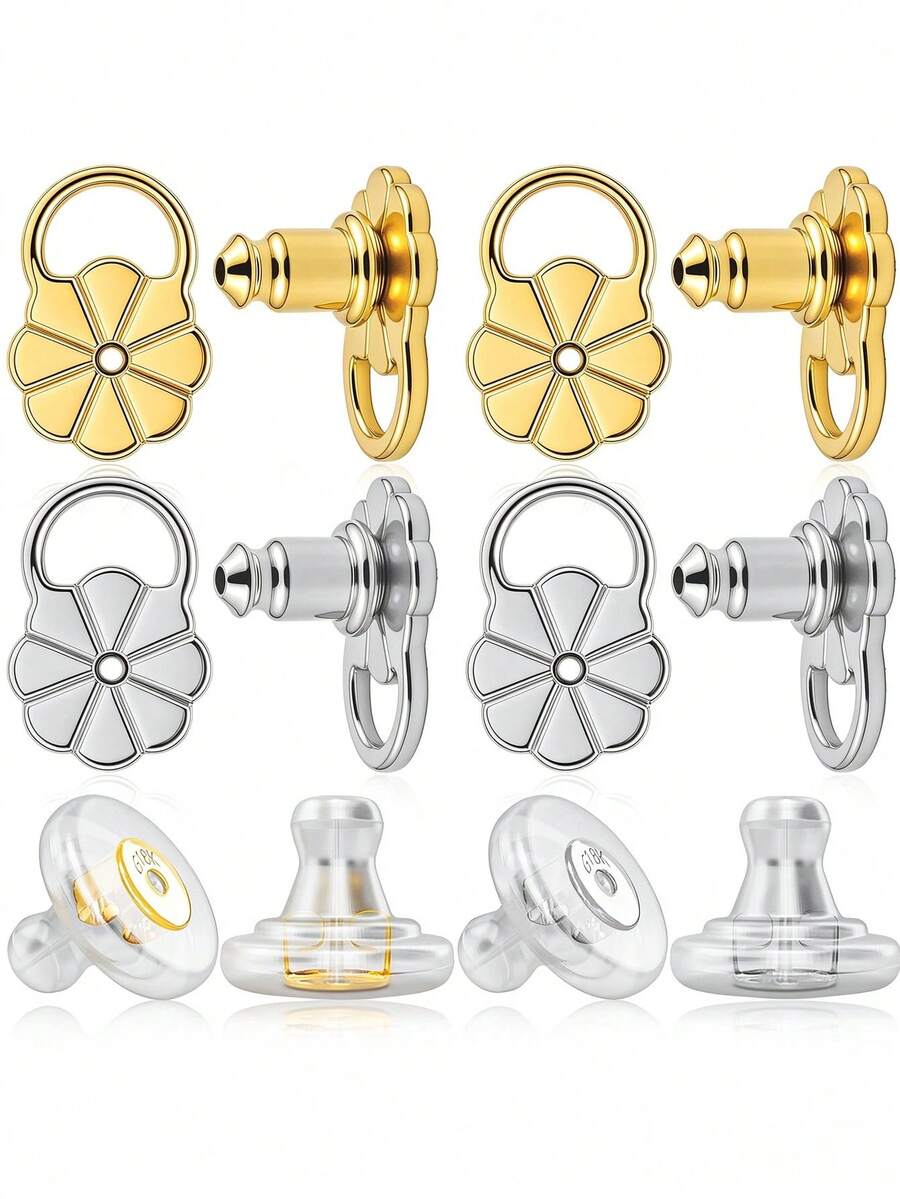 12/6pcs Flower Lock Earring Backs 18K Gold Plated Earring Lifters Anti-Sagging Earlobes Ear Plugs Heavy Earring Support Fixer Transparent Silicone Earring Backs Sensitive Skin Earring Accessories - Petal Ear Stud Set - View 1