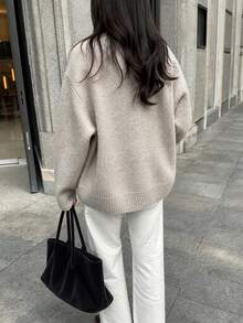 Women's Niche Design Versatile Solid Color Knit Cardigan Jacket With Pockets, Casual Loose Single-Breasted Lazy Style - Khaki - View 2