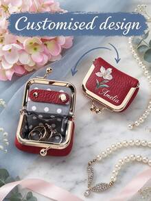 Personalized Name Birth Flower Travel Jewelry Storage Box, Mini Kiss Lock Jewelry Storage Bag, Customized Name Storage Bag, Birthday Mother's Day Bridesmaid Gift - Multi-color Genuine Leather Ring Bag - View 1
