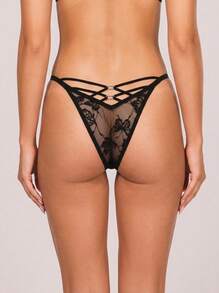 Cheekology Sexy Style Butterfly Mesh Women's Thong Panties, Hollow Out Cross Strap Low Waist Underwear - Black - View 2
