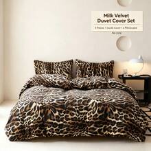 Leopard Print Milk Plush Duvet Cover Set, Soft Fluffy Plush Bedding Set, Envelope Pillowcase, 3 Pieces (Excluding Comforter And Pillow Inserts) - Leopard Print - View 1