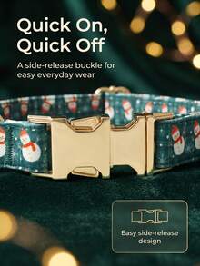 1pc Christmas Print Dog Collar, Adjustable Pet Collar With Gold Metal Quick Release Buckle, Snowman, Santa Claus, Reindeer Pattern, Holiday Party Puppy Neck Collar, Christmas Pet Gift, Suitable For Small, Medium And Large Dogs - Dark Green - View 5