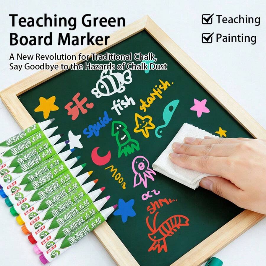12-Color Green Board Marker Set, Erasable Green Board Markers, Smooth Writing And Easy To Erase, Multi-Color Refillable Ink For Teachers And Students, Perfect For Classroom Use, Back To School - Multicolor - View 1