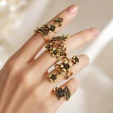 1/4pcs Bronze Mori Style Vine Leaf Flower Rings For Women, Suitable For Daily Wear - Yellow Gold - View 6