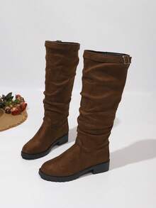 Classic Black Mid-Calf Boots, Fashionable Buckle Design, Comfortable And Versatile, Suitable For Daily Wear And Outings - Brown - View 4
