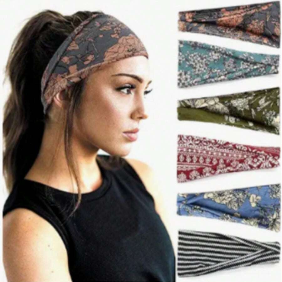 1pc Women's Black & White Floral Print Wide Twist Headband, Elastic Non ...