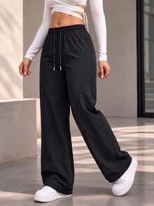 Women's Black Straight Leg Active Pants With Drawstring Waist, Side Pockets And Breathable Panels For Yoga And Training - Black - View 7