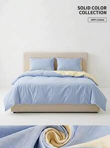 Veyra Day 3pcs Cotton Reversible Duvet Cover Set, Light Blue & Cream Yellow Solid Color Bedding Set With Pillow Shams, Soft Breathable Comforter Cover (No Insert) - Cream yellow + sky blue - View 1