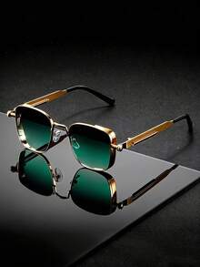 Vintage Gold Metal Frame Glasses, Unisex, Steampunk Style, Street Fashion, Suitable For Daily Wear And Driving - Ocean Blue - View 1