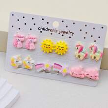 6 Pairs Unicorn/Rainbow/Mermaid/Dolphin Painless Clip-On Earrings, Cute Cartoon Resin Jewelry Accessories, Daily Wear, Best Gift For Girls - A - View 10