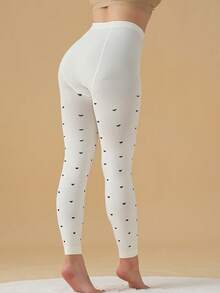 Women White Black Heart-Shaped Pattern Brushed Thermal Tights, Warm Winter Pantyhose Fit-5℃-15℃ - Multicolor - View 5
