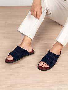 Vintage Men's Outdoor Slippers With Cross Hook And Loop Design, Easy On/Off, Soft Fleece Lining, Foot Protection, Minimalist Style, Suitable For Daily Commute And Casual Wear - Blue-red - View 9