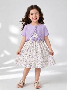 Young Girls Knitted Hollow Short Crop Top With Floral Print Dress 2 Pieces Set, Casual, Spring/Summer - Purple - View 2
