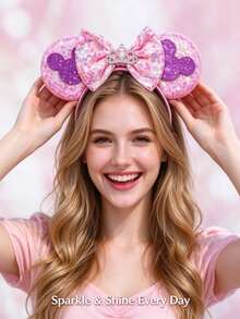 Disney 1pc Popular Pink Iridescent Sequin Mickey Ear Headband, Purple Mickey Silhouette & Rhinestone Crown Bow Hair Hoop, Must-Have For Theme Park, Wedding & Holiday Party - Style 1 - View 7