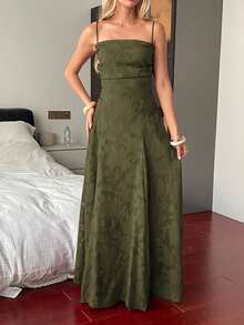 Unadoll Women's Autumn Army Green Floral Jacquard Maxi Dress, Spaghetti Strap Tie Back Open Back A-Line Evening Gown, Suitable For Party, Wedding Guest And Date Night - Army Green - View 3